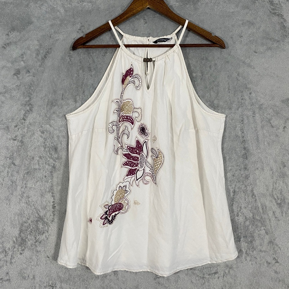 Evans Tank Top Women 24 White Beaded Floral‎ Embroidered Linen Blend Halter Boho